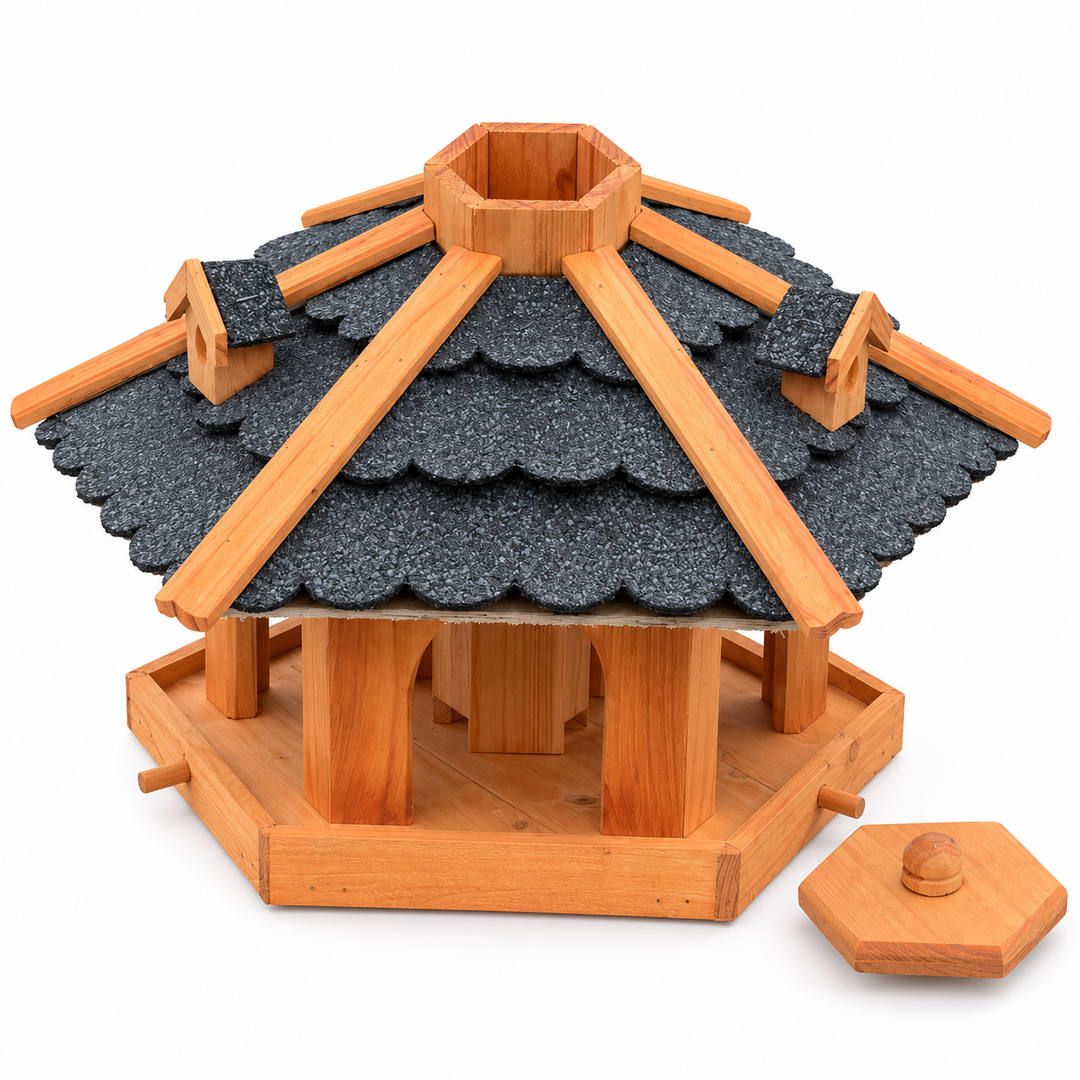 Sechseckiges Vogelfutterhaus mit schwarzem Bitumendach – ohne Ständer mit abgenommenem Deckel