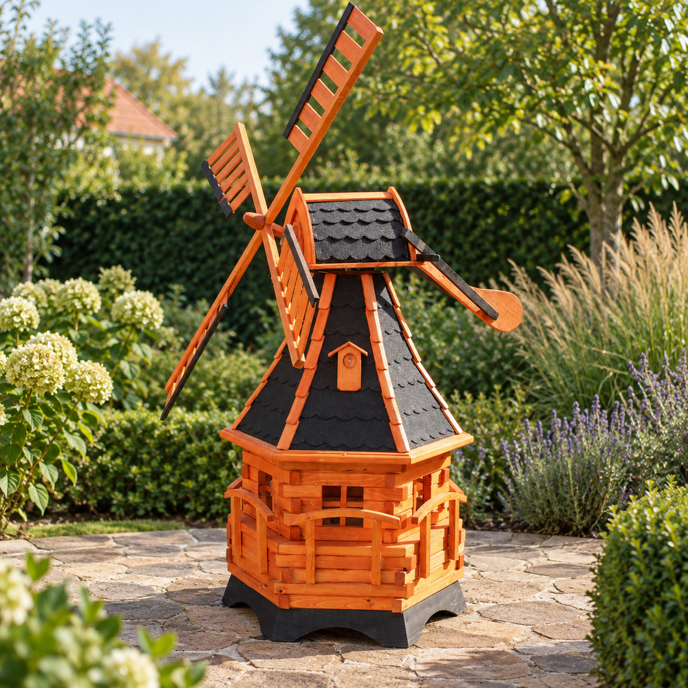Windmühle Typ 20 in einer gestalteten Gartenszene